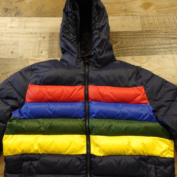 GAP ColdControl Max Puffer Jacket Men’s Large Navy Stripe Hooded Primaloft - Picture 2 of 13